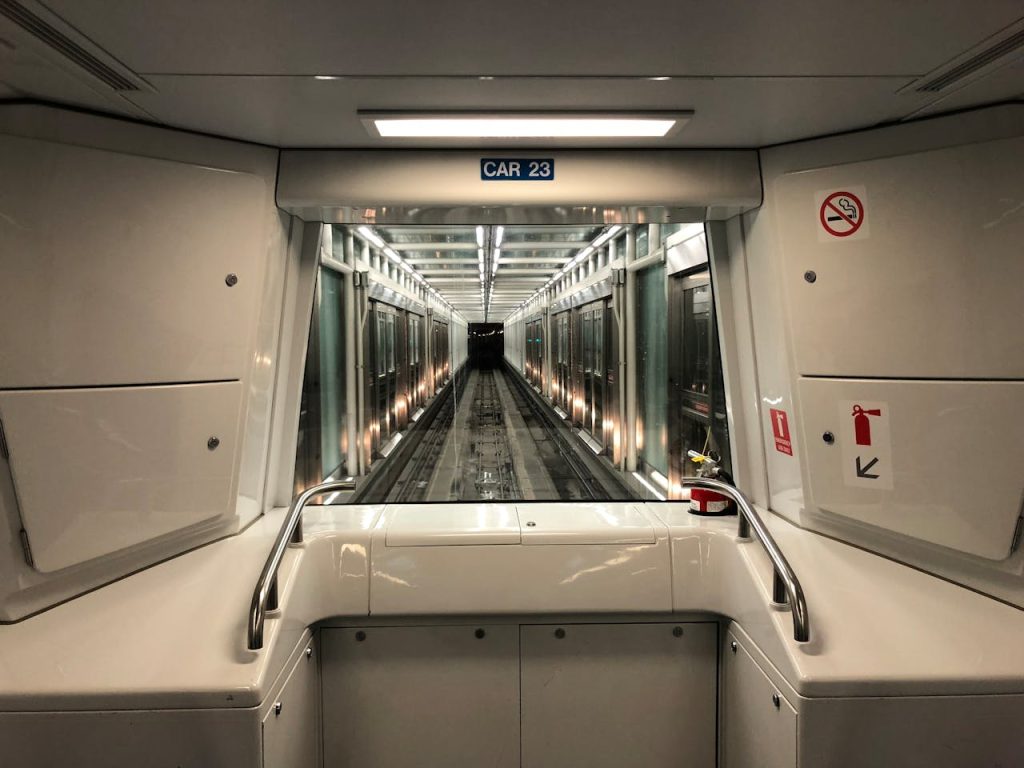 Interior view of an empty airport shuttle car at Dulles Airport, Washington.